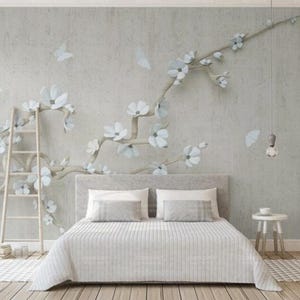 3D Plum Blossom Wallpaper, Flying Butterflies Plum Wall Murals for Living or Dinning Room