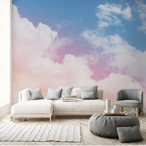 Abstract Clouds Wallpaper: Handpainted Blue & Pink Wall Mural