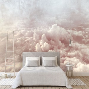 Hand Painted Abstract Clouds Wallpaper Wall Mural, Rendering Colorful Pink/Blue Clouds Wall Mural, Creative Cloudy Wall Mural Wall Decor