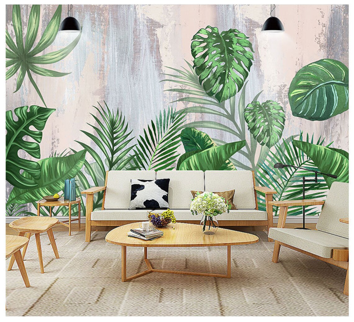 Simple Dark Green Banana Leaf Wallpaper Handpainted Tropical Etsy