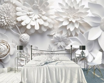 3D White Flowers & Rose Wallpaper Mural: Living Room Decor