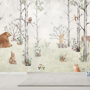 Cartoon Animals Bear and Rabbits Trees Forest Plants and Flowers Nursery Kids&#39; Babies&#39; Children&#39;s Room Wallpaper Wall Mural Home Decor