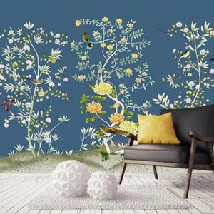 Chinoiserie Brushwork Flowers and Birds Wallpaper, Vine Home Decor Wall Murals, Flying Birds and Small Flowers Floral Wallpaper