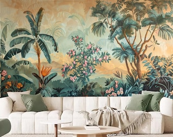 May include: A white sofa with green and beige throw cushions sits in front of a tropical mural wallpaper. The wallpaper features lush green foliage, pink flowers, and a blue sky with mountains in the distance.