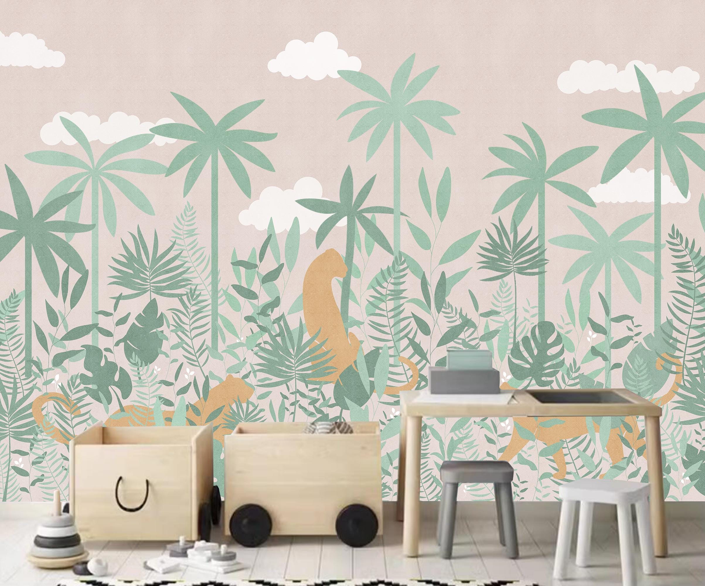 Cartoon Palm Tree & Tiger Wallpaper Mural: Kids Nursery Decor