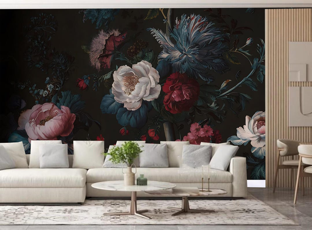 Dark Floral Peony Wallpaper Mural: Peel and Stick Home Decor - Etsy