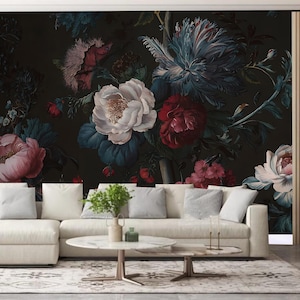 Dark Background Peony Flowers Floral Wallpaper Wall Mural Home Decor for Living Room Bedroom or Dinning Room