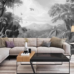 Retro tropischer Regenwald-Palmen-Wald mit Bergen Wallpaper Wandbild Wohnkultur