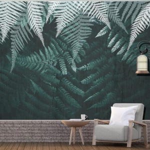 Green Fern leaves Wallpaper, Tropical Plants Dark Green Leaves Wall Murals Wall Decor for Living or Dinning Room