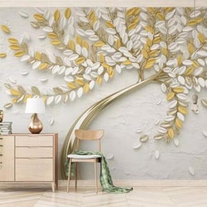 3D Tree Wallpaper: White & Yellow Leaves, TV Background Mural