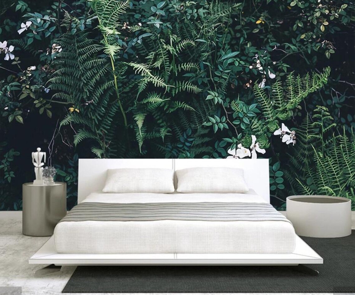 Green Leaves Wallpaper Wall Murals White Flowers Dark Green Etsy
