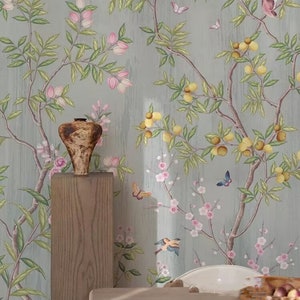 Chinoiserie Wallpaper Mural: Brushwork Flower, Fruit, and Birds