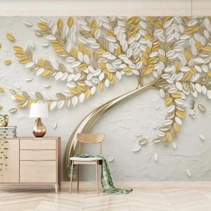 3D Baum Wallpaper Wandbild: Gelb & Weiß, Schälen und Aufkleben