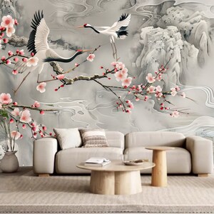 Papier Peint Chinoiserie Plum Blossom Crane - Repositionnable