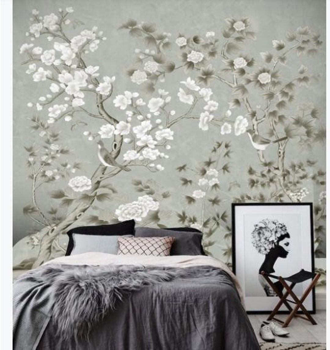 Grey Background Birds and Flowers Wallpaper Handpainted - Etsy