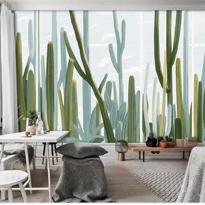 Mural de papel pintado de cactus con acuarela: Decoración desértica verde