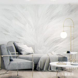 Mural de pared de plumas blancas: papel tapiz moderno para sala de estar (adhesivo)