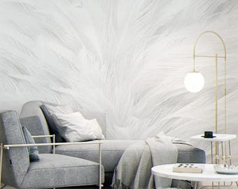 White Feather Wall Mural: Modern Living Room Wallpaper (Peel and Stick)