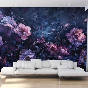 Dark Background Purple Flowers Floral Wallpaper Wall Mural Wall Decor for Living Room Bedroom or Dinning Room