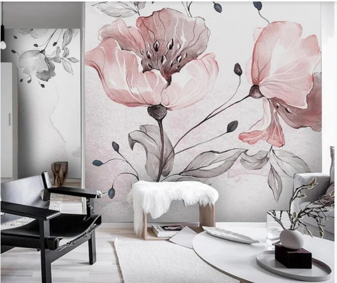 Pink Peony Floral Wallpaper Mural: Peel and Stick Wall Art - Etsy