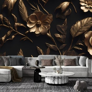 Gold Floral Wallpaper Mural: 3D Luxury Flowers, Dark Background (Peel and Stick)