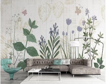 Handpainted Plants and Flowers Wallpaper Wall Mural,  Flying Butterfly Wood Background Wall Mural Wall Decor