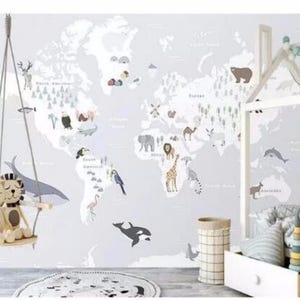 Papier peint carte du monde dessin animé, papier peint carte dessin animé animaux girafes, art mural royaume animaux dessin animé, papier peint chambre d'enfants et de chambre d'enfants