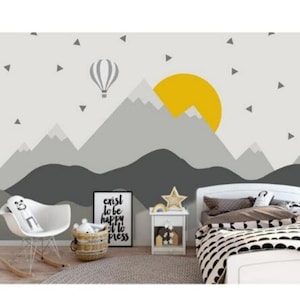 Carta da parati con motivo grigio e bianco per bambini, decorazioni murali per bambini, sfondi geometrici con montagne, murales per la cameretta dei bambini