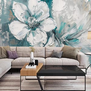 Blue Background White Big Flowers Floral Wallpaper Wall Mural Home Decor for Living Room Bedroom or Dinning Room