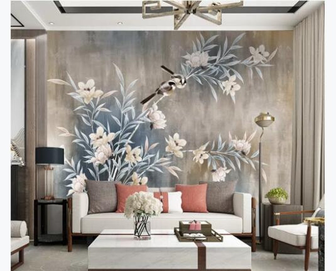 Grey Background Birds and Flowers Wallpaper Handpainted - Etsy