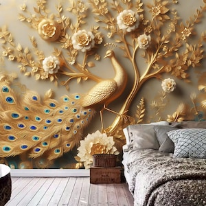 Chiniserie Luxury Golden Peacock and White Flowers Wallpaper Wall Mural Home Decor for Living Room Bedroom or Dinning Room