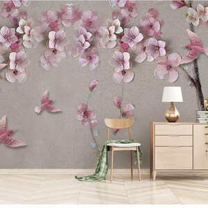 3D Pink Blossom Wallpaper: Peel and Stick TV Background