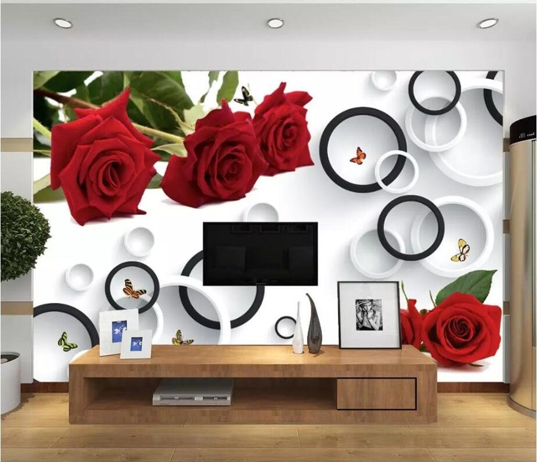 Custom Large Rose Mural 3D Wallpaper Red Rose Green Leaf Etsy