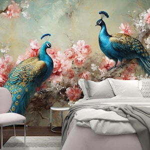 Chinoiserie Peacock Wallpaper Mural: Pink Peony Flowers, Brushwork Design