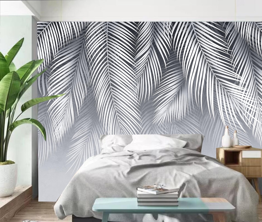 Abstract Grey Palm Leaf Tropical Leaves Wallpaper Wall Mural Home Decor ...