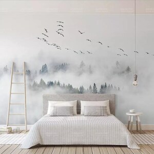 Foggy Wallpaper Photo Wall Mural Bird Pine Forest Clouds Wallpaper