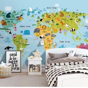 Papier peint personnalisé décor à la maison nordique moderne dessin animé carte du monde animal chambre d'enfants salon peinture murale