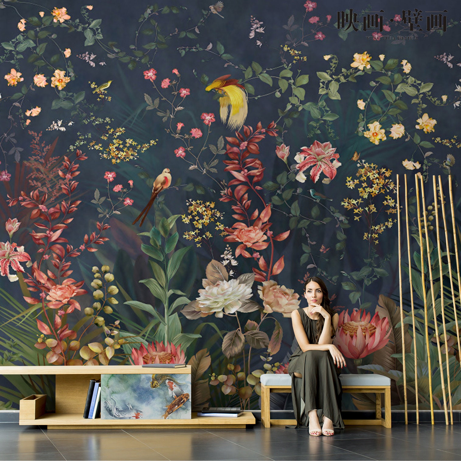Floral Wallpaper Mural: Dutch Oil Painting Style, Birds & Flowers