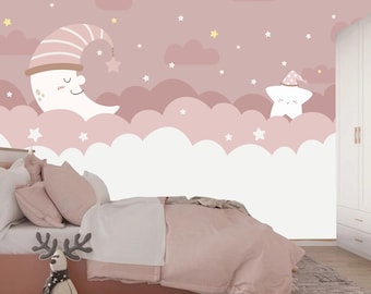 Pink Clouds and Stars Nursery Wall Mural: Baby Girl Room Decor