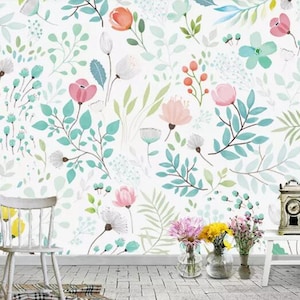 Watercolor European Style Handpainted Garden Wallpaper Wall Mural, Small Flowers & Green Leaves Baby Girls' Room Nursery Kids Wall Murals