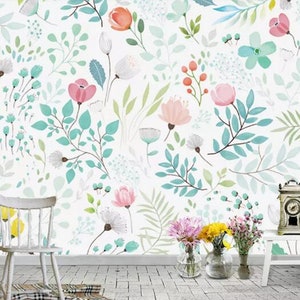 Watercolor European Style Handpainted Garden Wallpaper Wall Mural, Small Flowers & Green Leaves Baby Girls' Room Nursery Kids Wall Murals