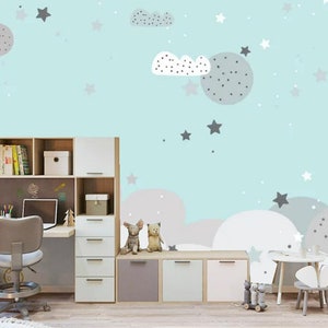 Mint Green Clouds and Stars Wallpaper Mural - Kids Nursery Decor