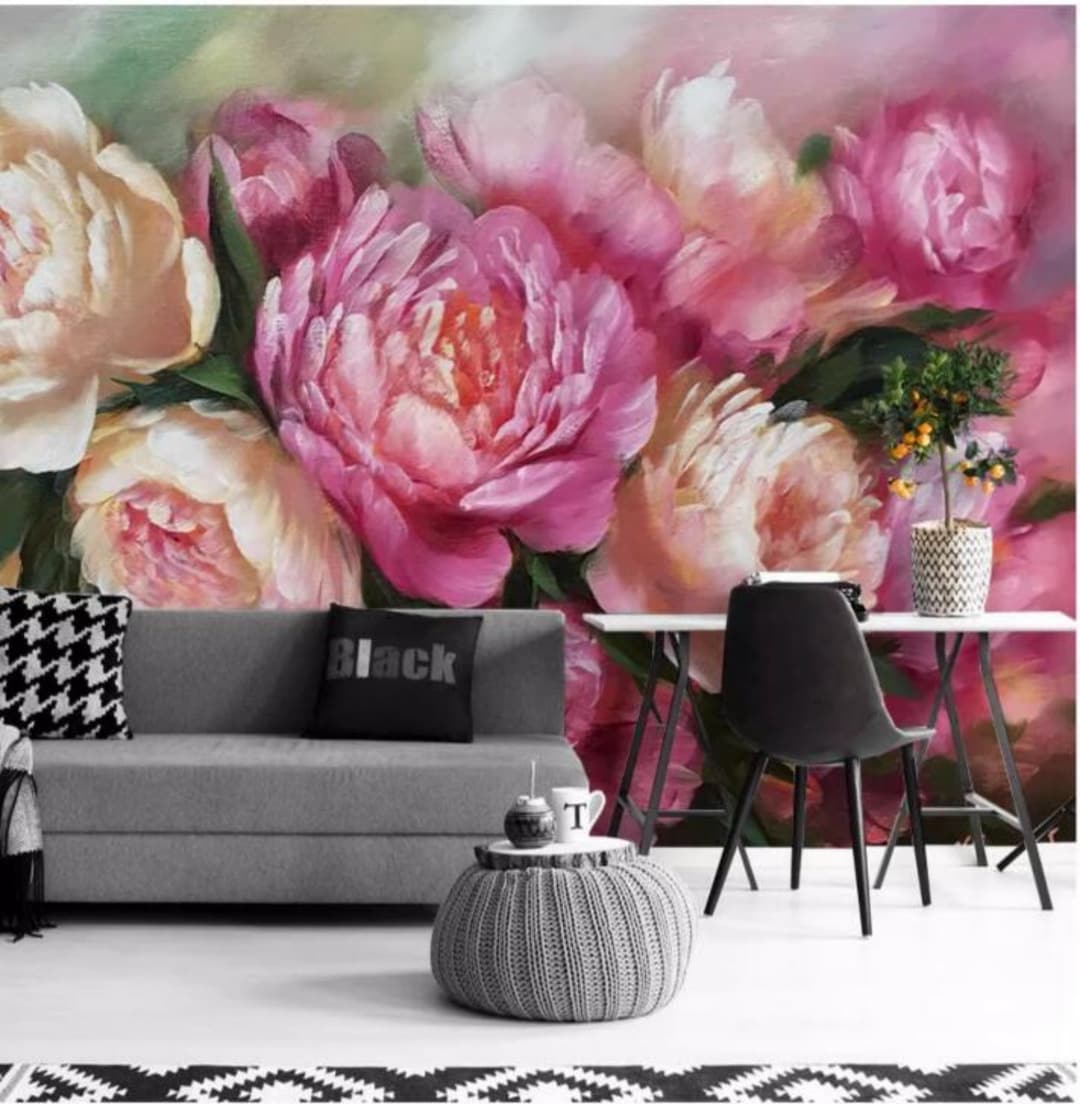 Pink Peony Floral Wallpaper Mural: Peel and Stick Wall Decor - Etsy