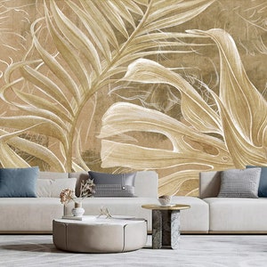 Golden Turtle Leaf Tropical Plants Wallpaper Wall Mural for Living Room or Dinning Room Bedroom Home Decor