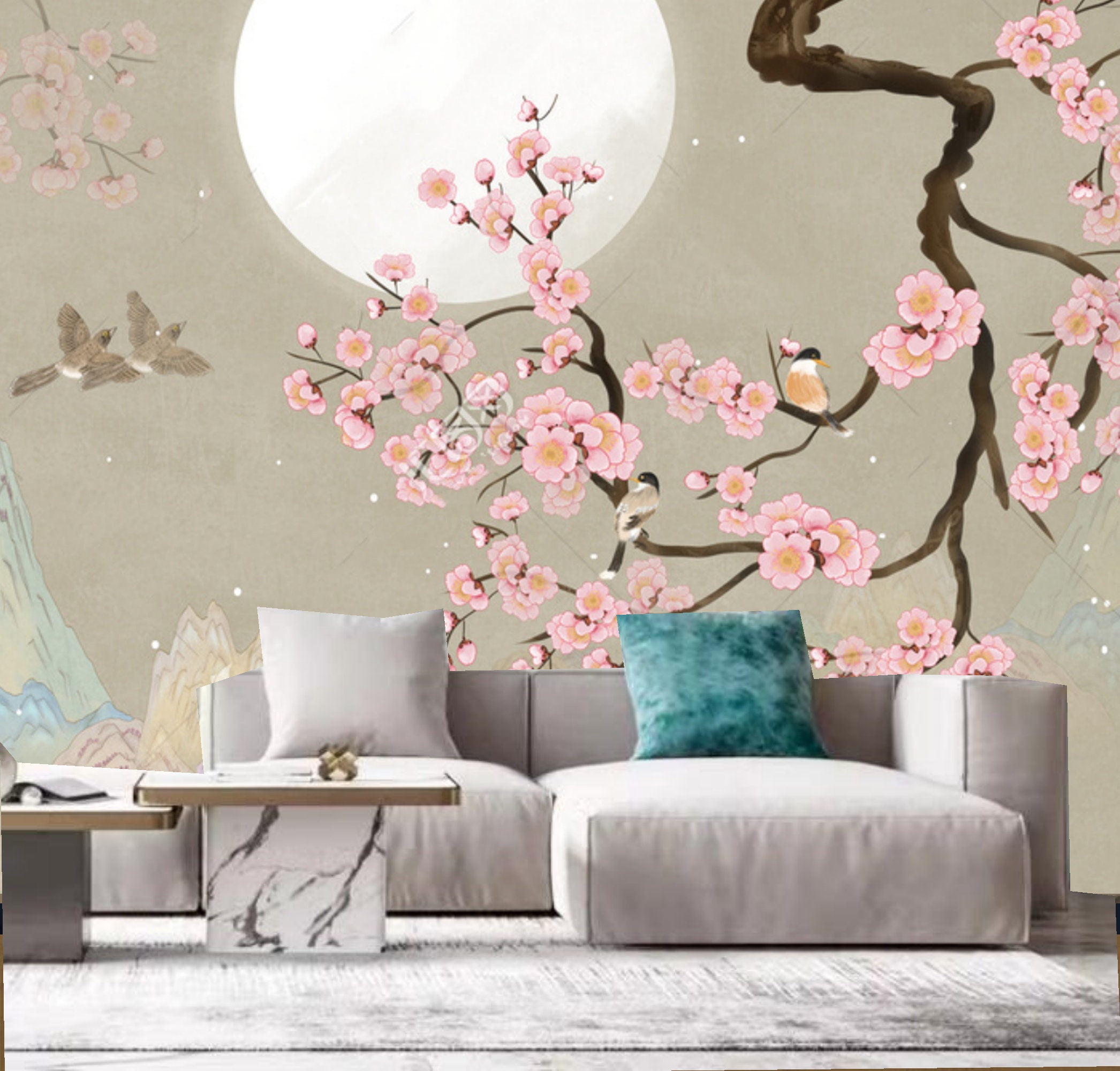 Chinoiserie Cherry Blossom Wallpaper Mural: Pink Floral Bird Wall Decor ...