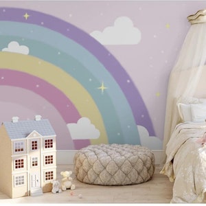 Cartoon Rainbow Nursery Wallpaper, Clouds and Stars Kids babies Room Wall Murals