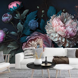 Dark Background Pink Peony Flowers Floral Wallpaper Wall Mural Home Decor for Living Bedroom or Dinning Room