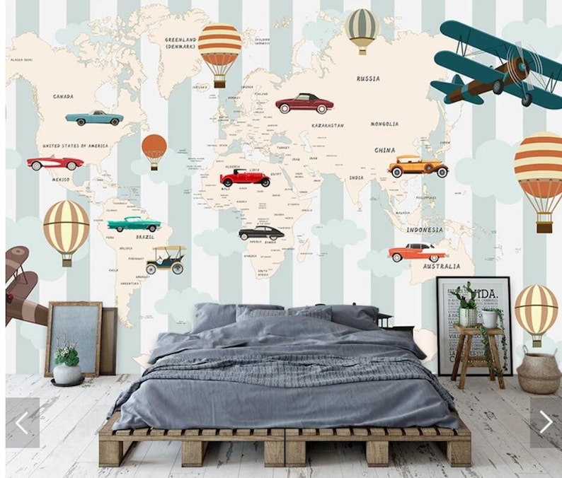 Cartoon Air Hot Balloons Airplane World Map Wallpaper Mural for Kids Room Children Bedroom Vintage Wall Papers Home Decor