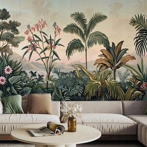Tropical Rainforest Plants and Trees Flowers and River Jungle Forest Wallpaper Wall Mural Wall Decor for Living Room Bedroom or Dinning Room