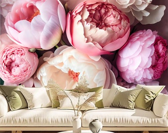 Roze pioen bloemenbehang muurschildering: Peel and Stick woondecoratie